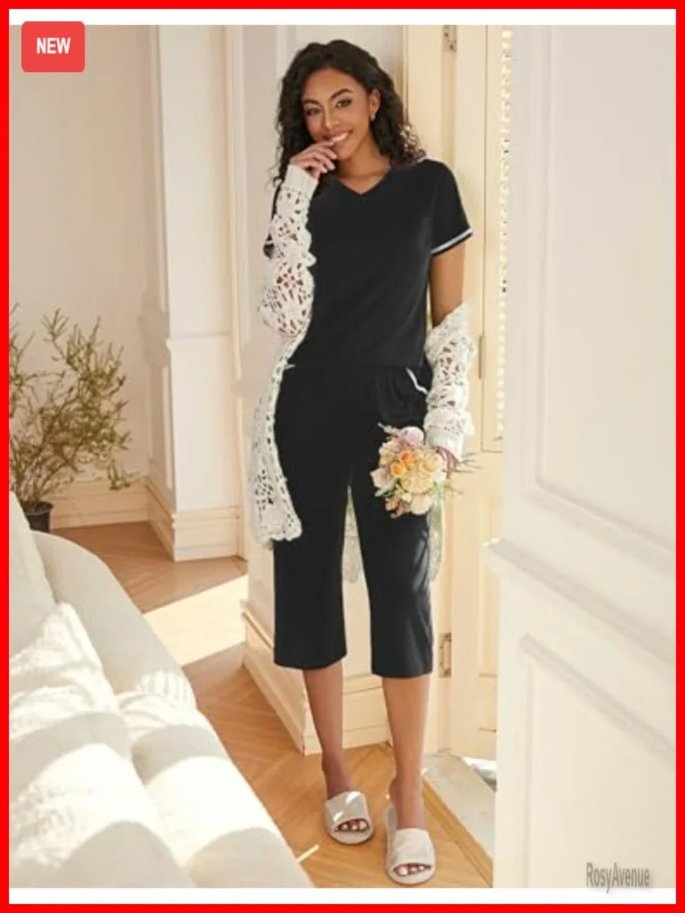 Short Sleeve V-Neck Capri Pajama Set with Pockets